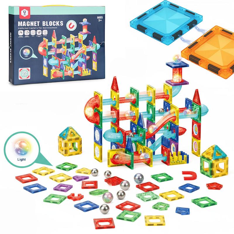 مگنت تایل چراغ‌دار ۱۰۵ تکه مدل HD109A | ست بزرگ Magnetic Blocks با مسیر لوله‌ای و توپ LED 🌈🧩