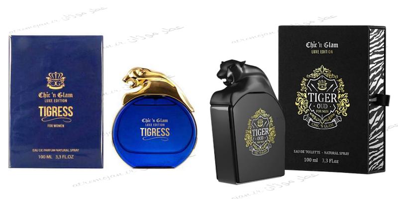 عطر ادکلن زنانه چکین گلام مدل Chicn glam tigress Tiger Women حجم 100 میلی لیتر و عطر ادکلن مردانه تایگر عود چیکن گلام حجم 100 میل TIGER OUD CHIC N GLAM(ست۲ تایی)