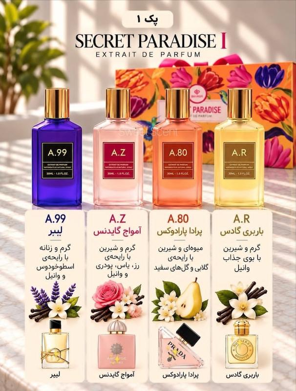 عطر و ادکلن سکرت پارادایس ۱ ست ۴ عددی از شرکت باهاش امپر ضمانت Original حجم  120 میل
