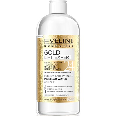 میسلار واتر پاک کننده آرایش و ضدپیری طلای اولاین گلد لیفت Eveline Gold حجم 500 میلی لیتر