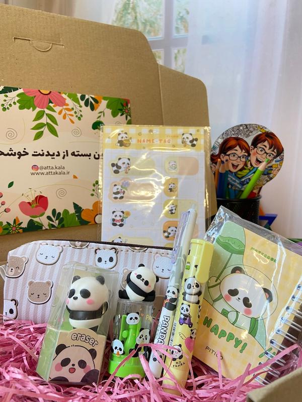 عاطاباکس بچه‌مهندس مدل پاندای تپل | باکس هدیه شامل جامدادی چرمی، تراش، پاک‌کن سیلیکونی و اتودی، روان‌نویس پاندا، دفترچه سیمی و برچسب اسم