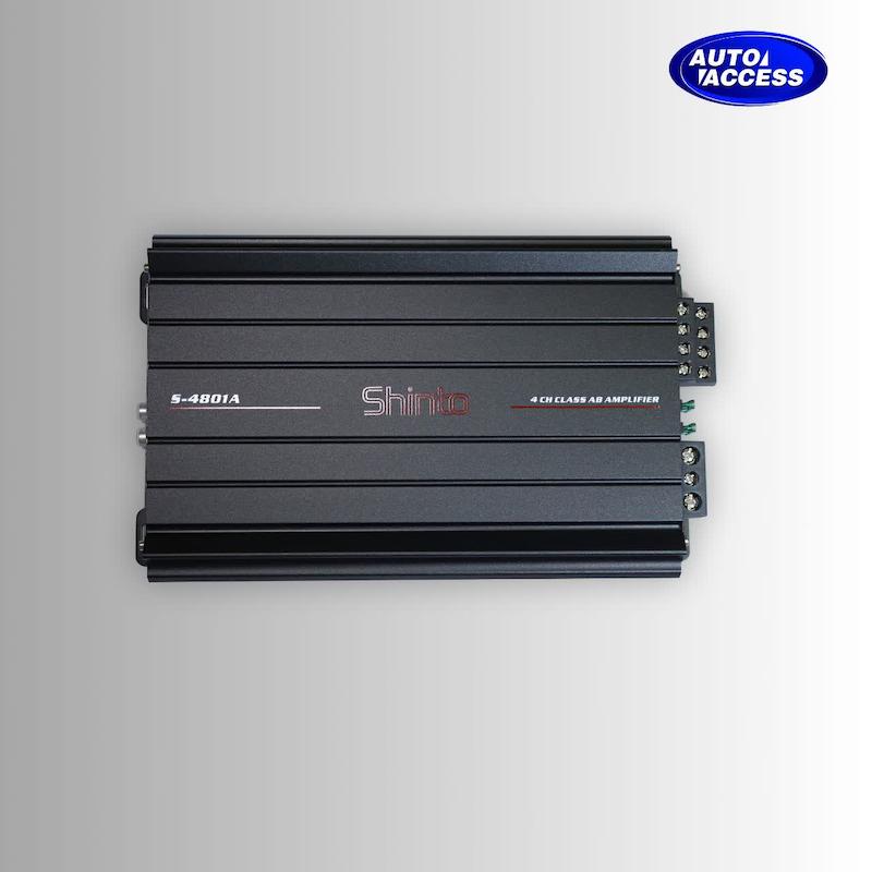 آمپلی فایر خودرو شینتو مدل S-4801A نمای بالا  آمپلی فایر شینتو S-4801A چهار کانال ۲۷۰۰ وات  پشت و ورودی/خروجی‌های آمپلی فایر Shinto S-4801A  ابعاد و طراحی آمپلی فایر خودرو شینتو مدل S-4801A