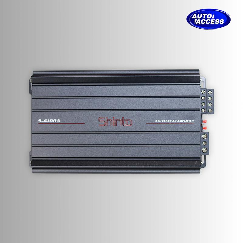 آمپلی‌فایر ۴ کانال شینتو مدل S-4100A  آمپ خودرو Shinto S-4100A با قدرت ۳۴۰۰ وات  نمای بالا از آمپلی‌فایر شینتو مدل 4100A  آمپ شینتو حرفه‌ای مخصوص سیستم صوتی خودرو