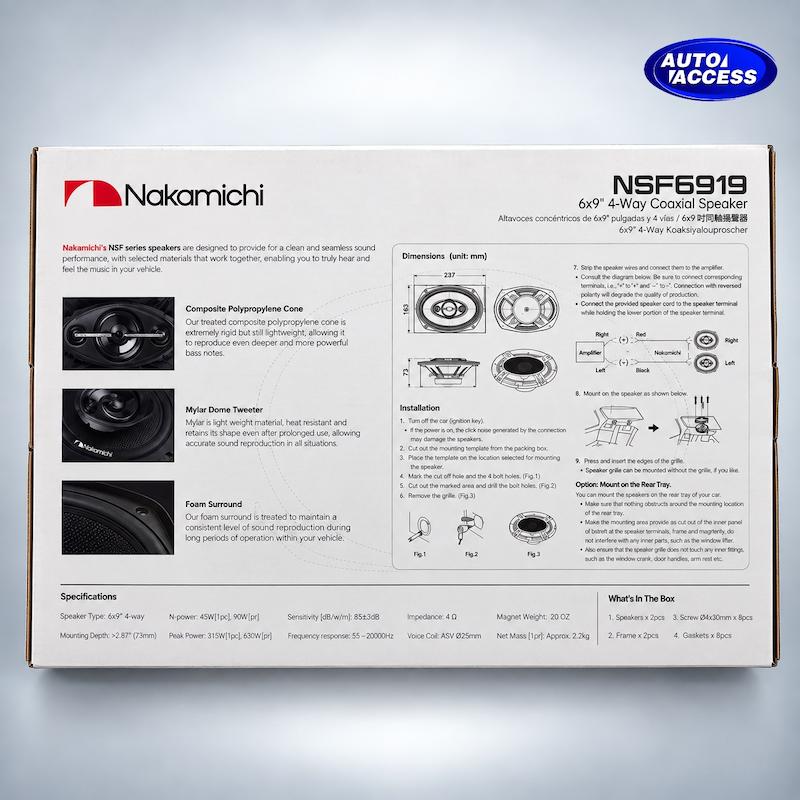 باند بیضی ناکامیچی 6919 سایز 6×9 اینچ  بلندگو خودرو Nakamichi 6919 چهارراهه 4 Way  باند ناکامیچی 6919 با توان پیک 630 وات  باند بیضی Nakamichi 6919 با توان NPower 90 وات