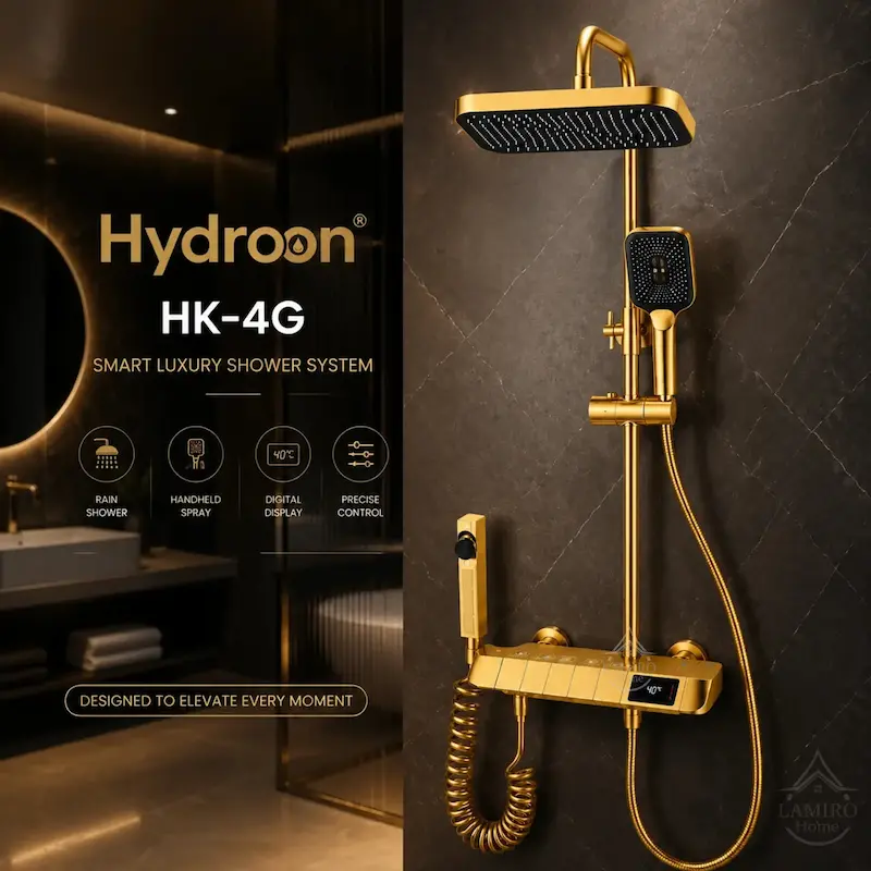 علم دوش هوشمند پیانویی هیدرون مدل HK-4NL مشکی با سردوش مستطیلی و کلیدهای پیانویی در لامیروهوم