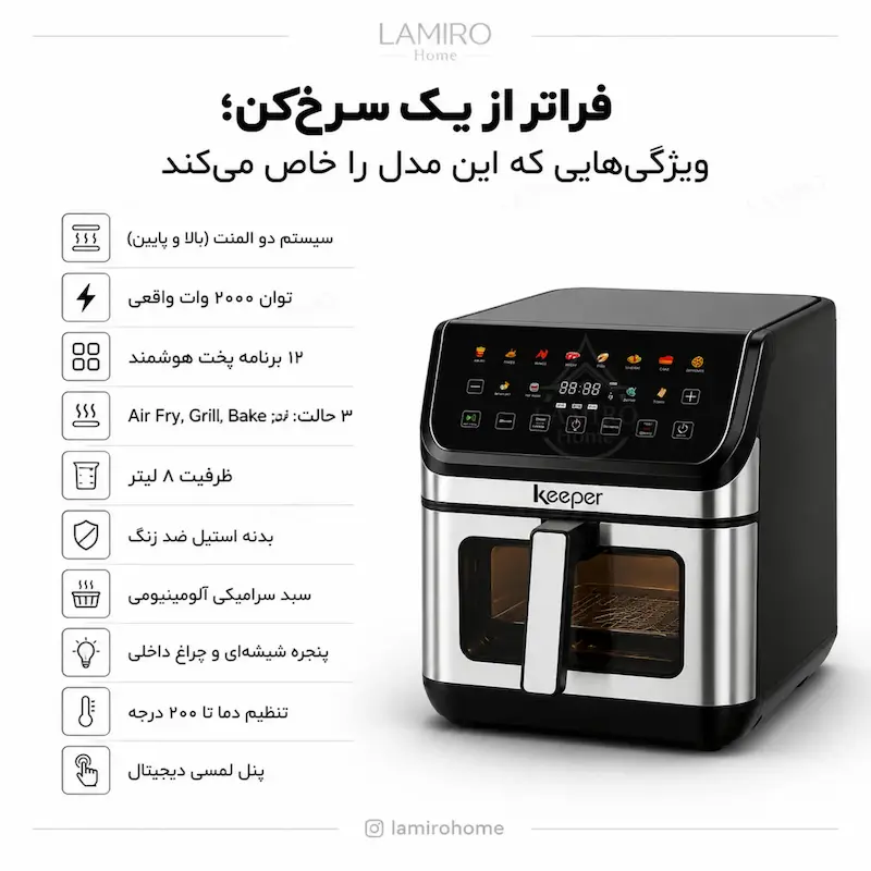 سرخ کن بدون روغن کیپر Keeper مدل استیل مشکی SK-3 - پک اختصاصی لامیروهوم