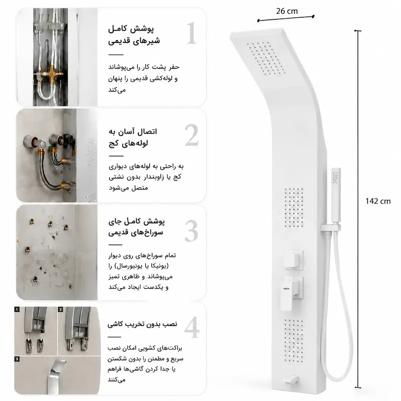 پنل دوش ماخ (mach) مدل PM-1W سفید - بهمراه اسپری و دستمال تمیزکاری لامیروهوم 