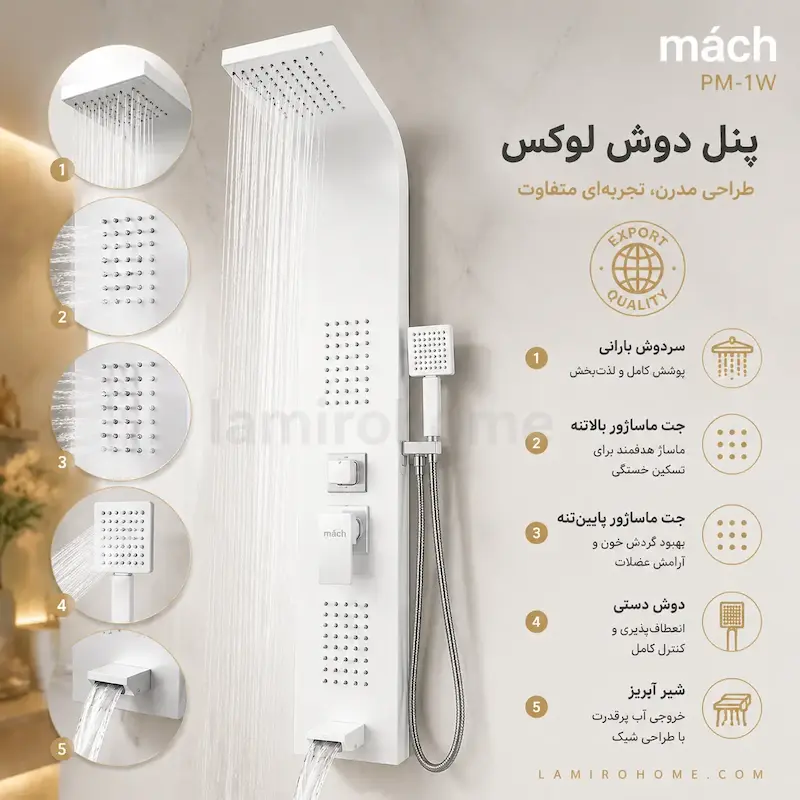 پنل دوش ماخ (mach) مدل PM-1W سفید - بهمراه اسپری و دستمال تمیزکاری لامیروهوم 