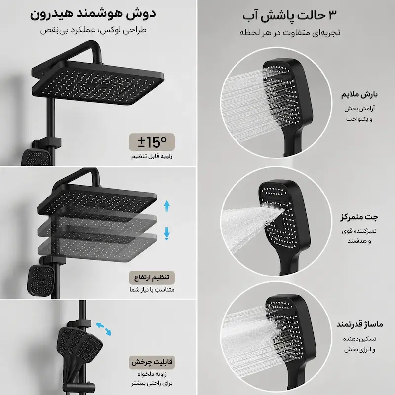 دوش حمام پیانویی هیدرون مدل HK-4X مشکی مات دیجیتال - پک اختصاصی لامیروهوم
