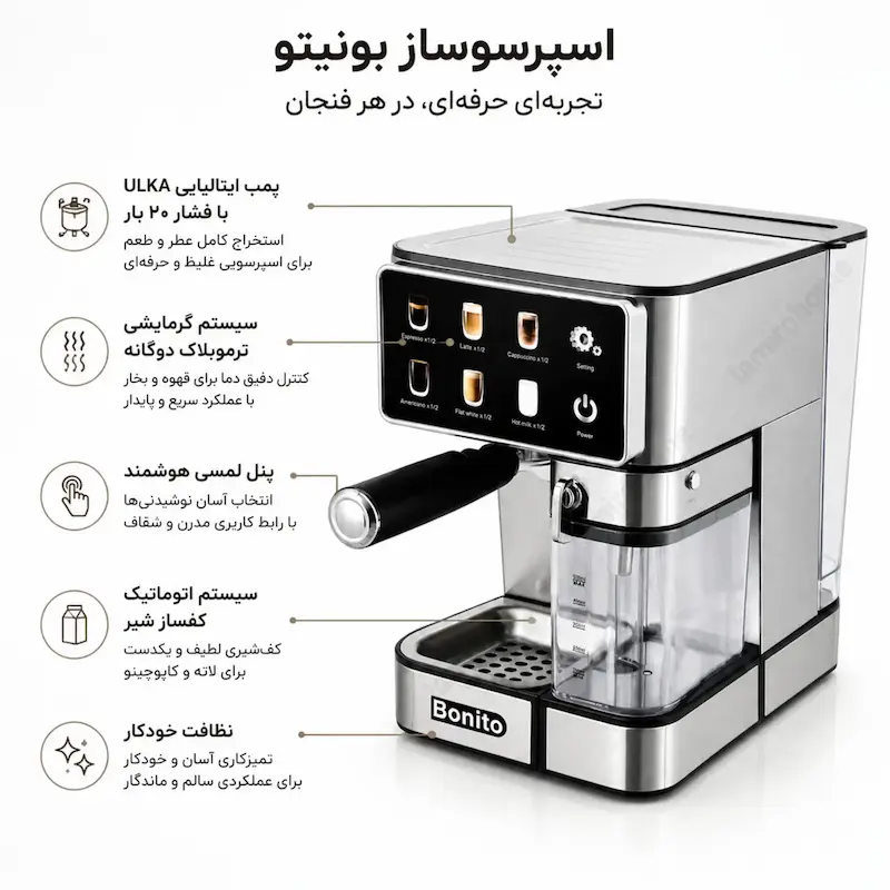 اسپرسوساز لمسی بونیتو (Bonito) مدل 1350S اتوماتیک – بهمراه دفترچه راهنما و ضمانت لامیروهوم