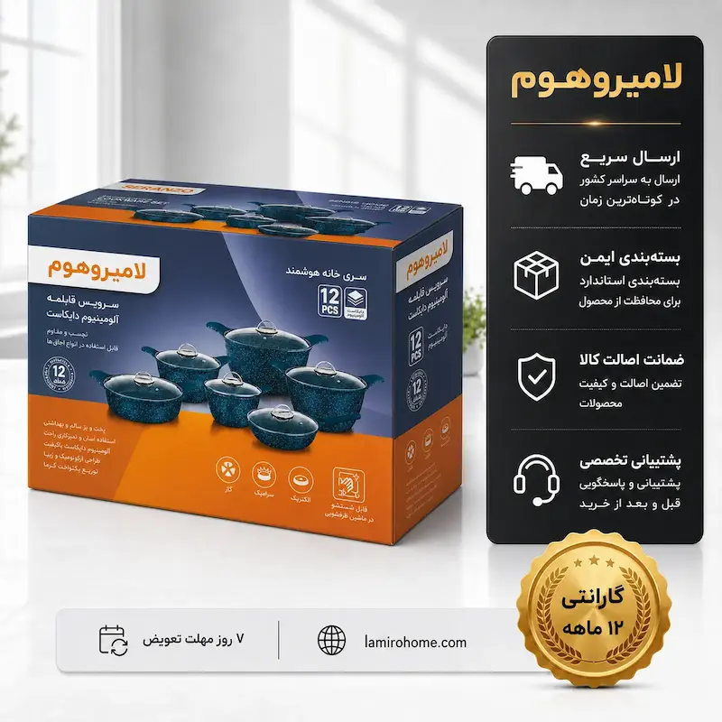 سرویس قابلمه ۱۲ پارچه سرانزو رنگ آبی فیروزه‌ای - پک دفترچه و ضمانت لامیروهوم