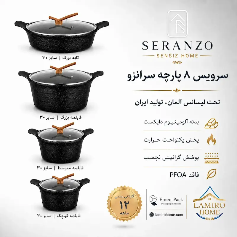 سرویس قابلمه ۸ پارچه سرانزو رنگ مشکی - پک دفترچه و ضمانت لامیروهوم