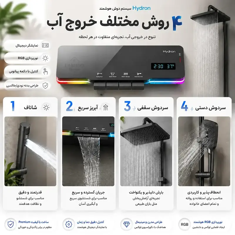 دوش حمام پیانویی هیدرون HK-4Q رنگ دودی (نمایشگر هوشمند و رقص نور LED) - در پک اختصاصی لامیروهوم
