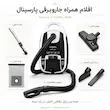 اقلام همراه جاروبرقی کیسه‌ای پارسینال مدل P-TURBO 3600 رنگ مشکی صدفی شامل لوله تلسکوپی، پارویی اصلی، کیسه دائمی، خرطومی انعطاف‌پذیر و برس گردگیری
