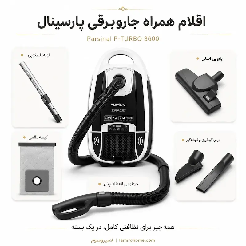 اقلام همراه جاروبرقی کیسه‌ای پارسینال مدل P-TURBO 3600 رنگ مشکی صدفی شامل لوله تلسکوپی، پارویی اصلی، کیسه دائمی، خرطومی انعطاف‌پذیر و برس گردگیری