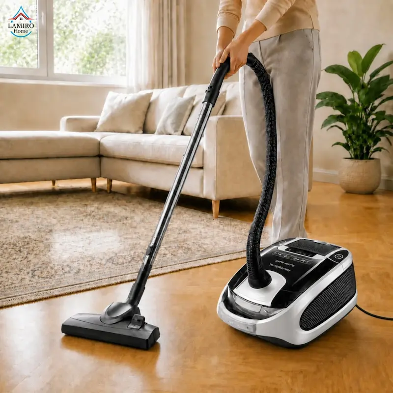 استفاده از جاروبرقی کیسه‌ای پارسینال مدل P-TURBO 3600 رنگ مشکی صدفی برای نظافت فرش و کف منزل