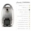 مشخصات فنی جاروبرقی کیسه‌ای پارسینال مدل P-TURBO 3600 رنگ طوسی متالیک با فیلتر HEPA 12، رتبه انرژی A، کابل ۷ متری، کنترل سرعت الکترونیکی و اتصال خرطومی با چرخش ۳۶۰ درجه