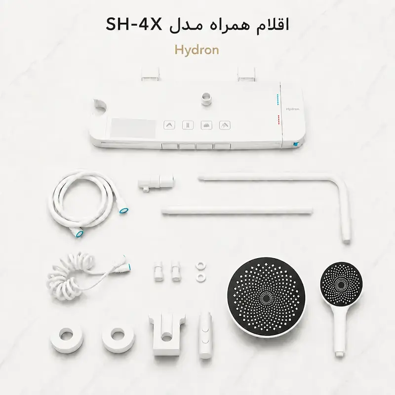 اقلام همراه دوش پیانویی هیدرون مدل SH-4X رنگ سفید شامل پنل دیجیتال، سردوش سقفی گرد، دوش دستی، شلنگ فنری، لوله‌ها و اتصالات نصب