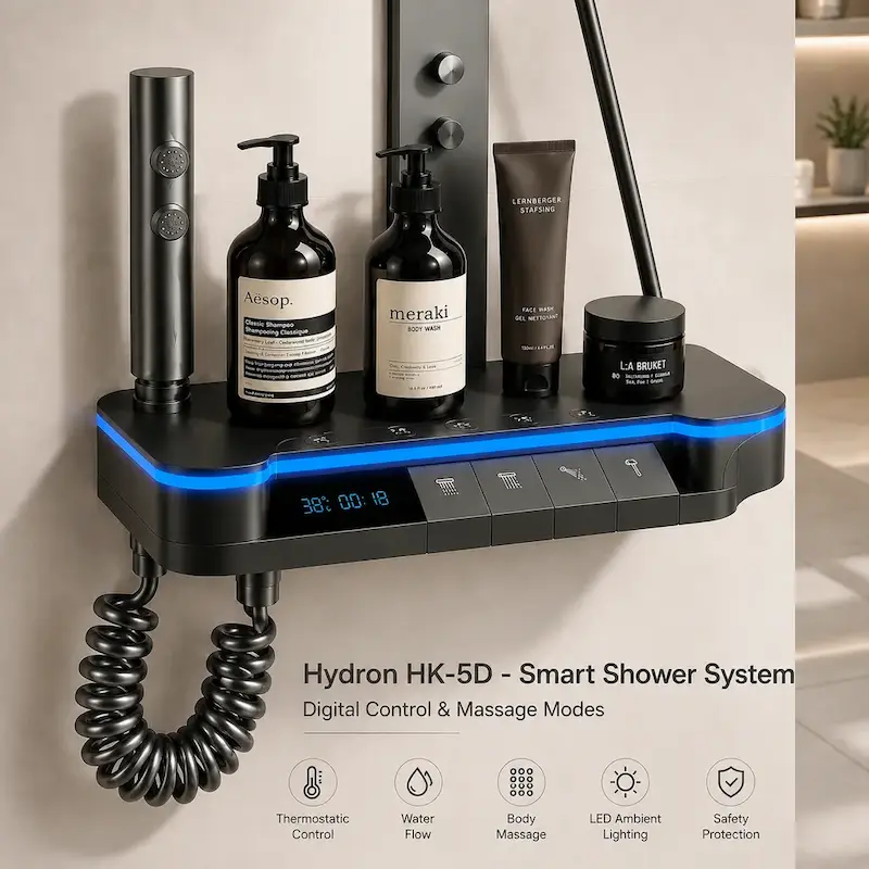 شلف نگهداری شوینده و کلیدهای پیانویی دوش هوشمند هیدرون HK-5D با نورپردازی LED لایت