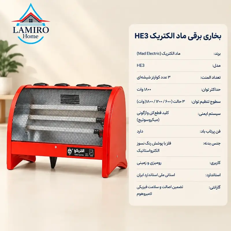 جدول مشخصات فنی هیتر برقی ماد الکتریک HE3؛ توان ۱۸۰۰ وات، المنت کوارتز شیشه‌ای و کلید قطع‌کن ایمنی واژگونی.