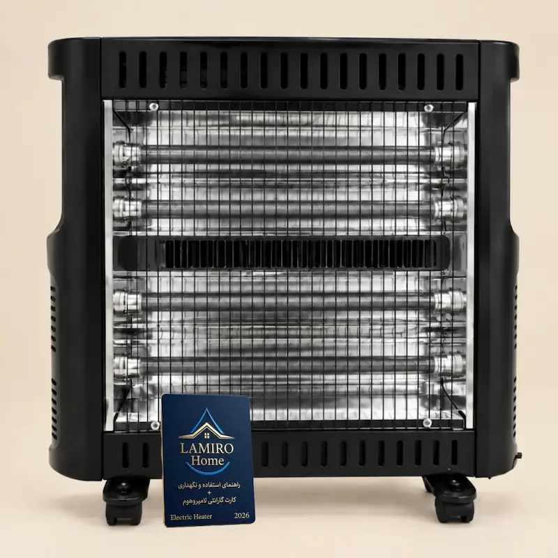 بخاری برقی تابشی کوارتزی برووات مدل HB5 مشکی، پنج المنت و چرخ‌دار، همراه کارت گارانتی لامیروهوم.