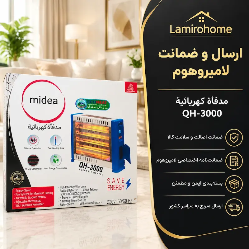 بسته‌بندی بخاری برقی فن‌دار مدیا مدل HM5 همراه با معرفی خدمات و ضمانت لامیروهوم.