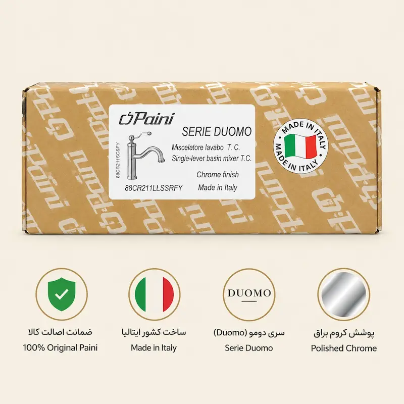 کارتن Paini Serie Duomo برای شیر روشویی تک‌اهرم مدل 88CR211LLSSRFY با پوشش Chrome finish و نشان Made in Italy، همراه آیکون‌های اصالت کالا، ساخت ایتالیا و کروم براق.