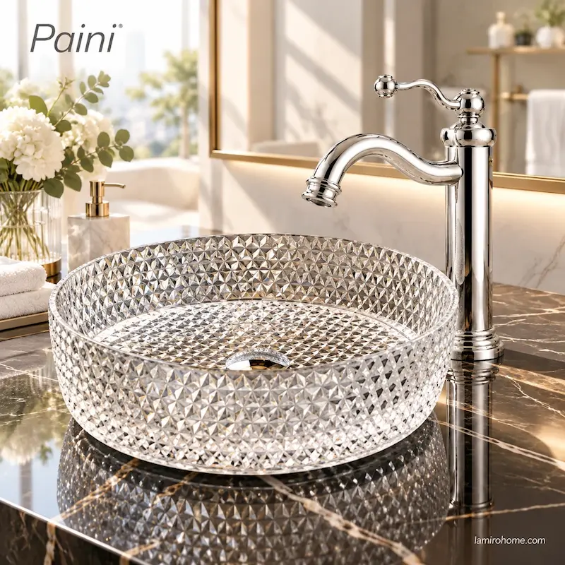 نمای شیر روشویی پایه بلند پاینی سری دوئومو کروم کنار کاسه روشویی شیشه‌ای تراش‌خورده