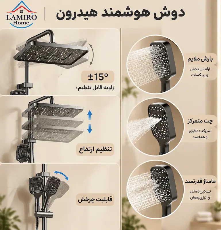 دوش حمام پیانویی دودی مدل هیدرون (نمایشگر زمان و دما) - پک اختصاصی لامیروهوم