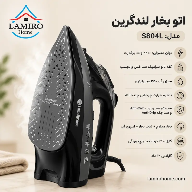 مشخصات فنی اتو بخار لندگرین S804L با کفی سرامییک | گالری – اینفوگرافیک ویژگی‌ها