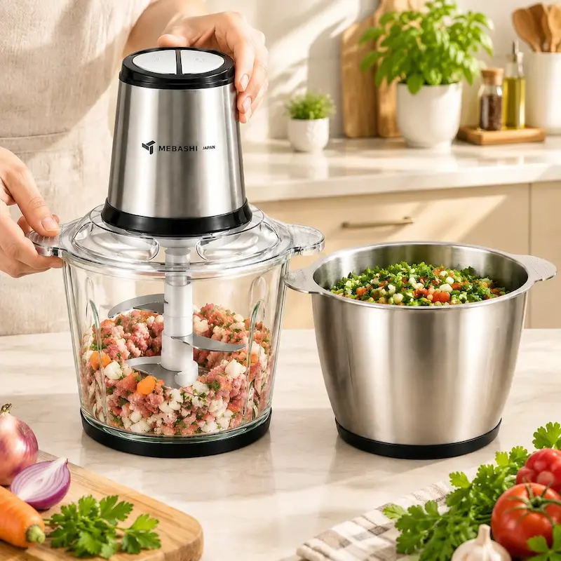خرد کردن گوشت و سبزیجات در کاسه‌های شیشه‌ای و استیل خردکن مباشی | تصویر دوم گالری – لایف‌استایل و کاربرد