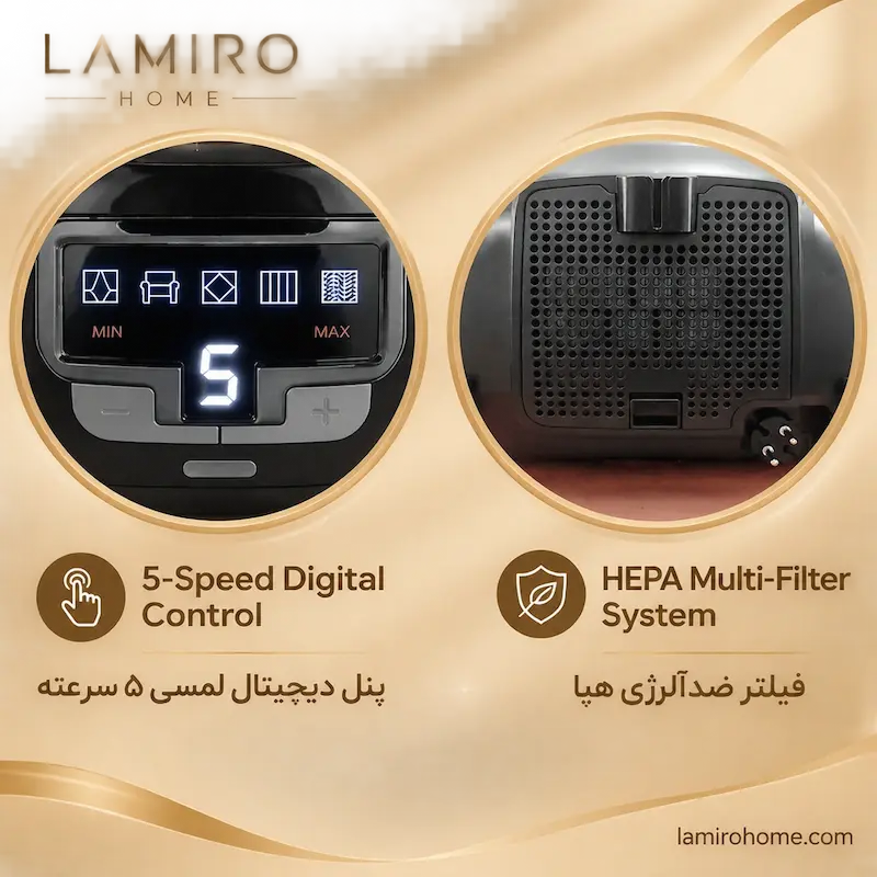 پنل کنترل دیجیتال لمسی ۵ سرعته و فیلتر هپا جاروبرقی ویجینی