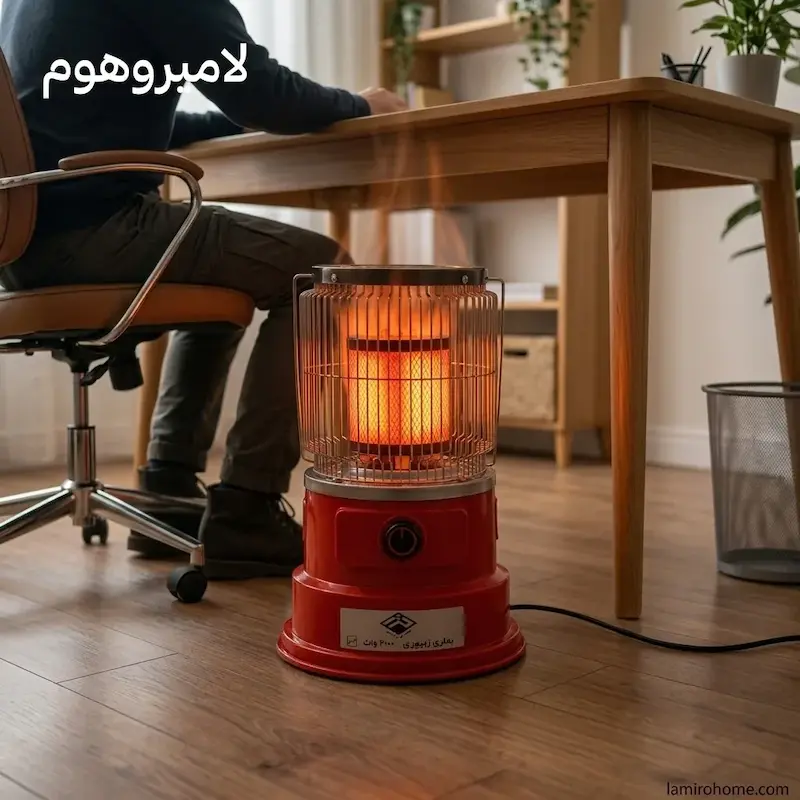 گرمای دلنشین بخاری زنبوری رها H2200R زیر میز کار در محیط خانه