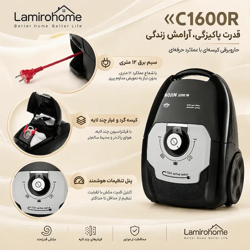 اینفوگرافیک مشخصات فنی جاروبرقی خزر مدل C1600R با فیلتر هپا ۲۲۰۰ وات
