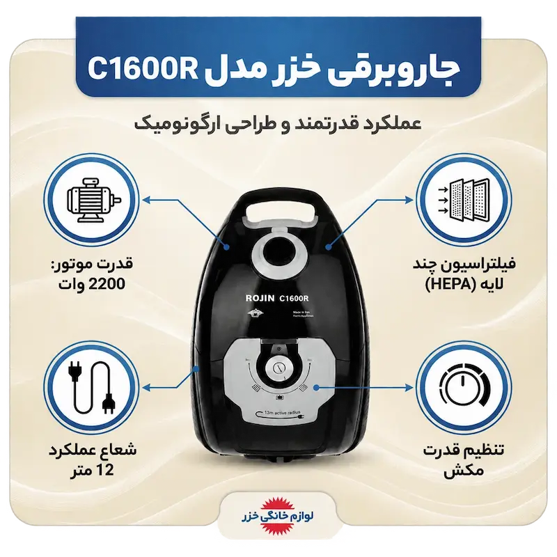 ویژگی‌ها و فیلتراسیون چندلایه جاروبرقی کیسه‌ای خزر روژین مدل C1600R
