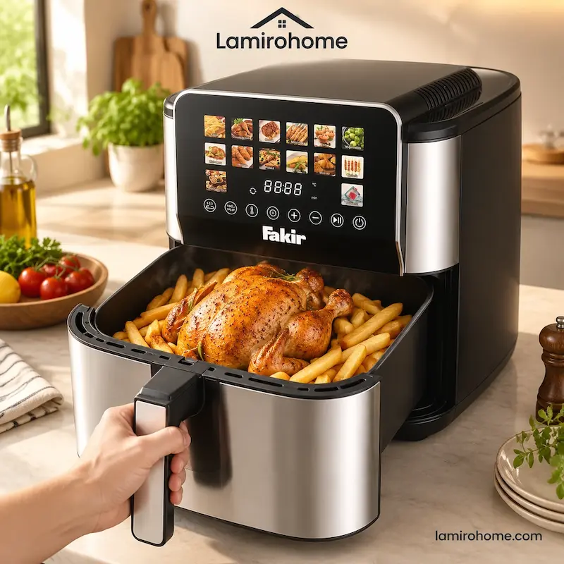 سرخ‌کن بدون روغن فکر مدل F3527 در حال پخت مرغ سوخاری