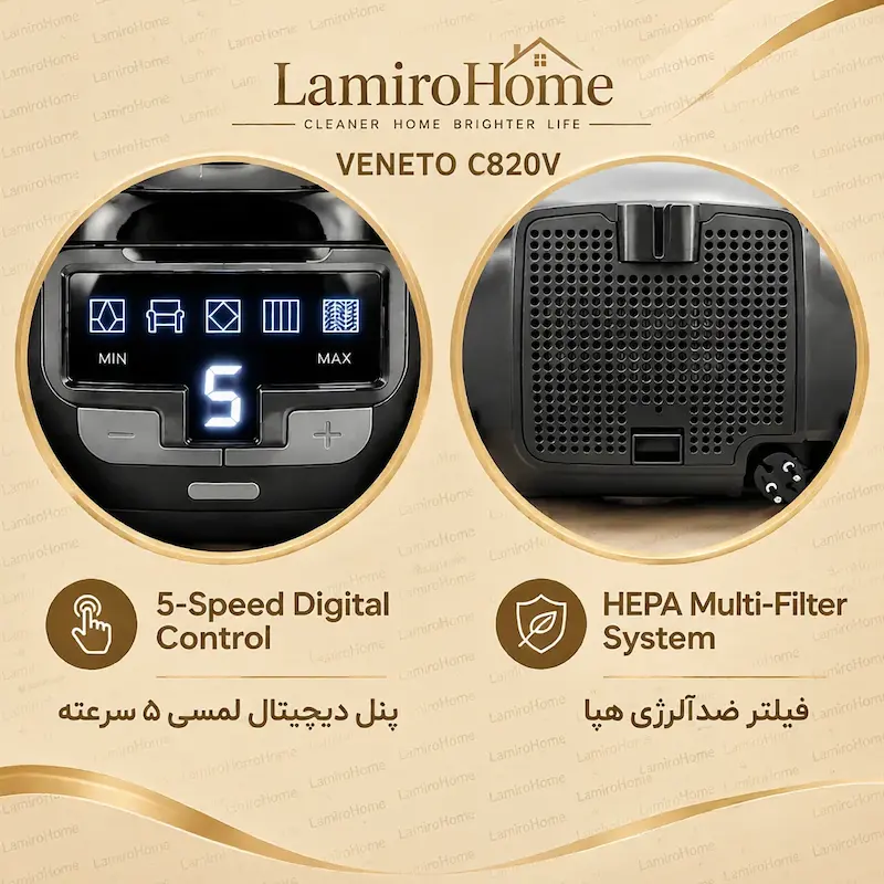 پنل دیجیتال پنج‌سرعته و فیلتر هپا جاروبرقی ونتو