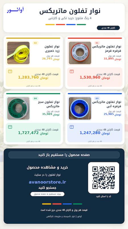 نوار تفلون ماتریکس  کارتن ۴۸ عددی نوار آب‌بندی PTFE رنگی (زرد، قرمز، آبی، سبز)