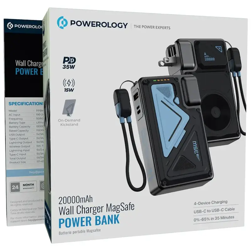 پاوربانک پاورولوژی مدل PPBMH104BK ظرفیت 20000 میلی‌آمپر با شارژر دیواری و MagSafe