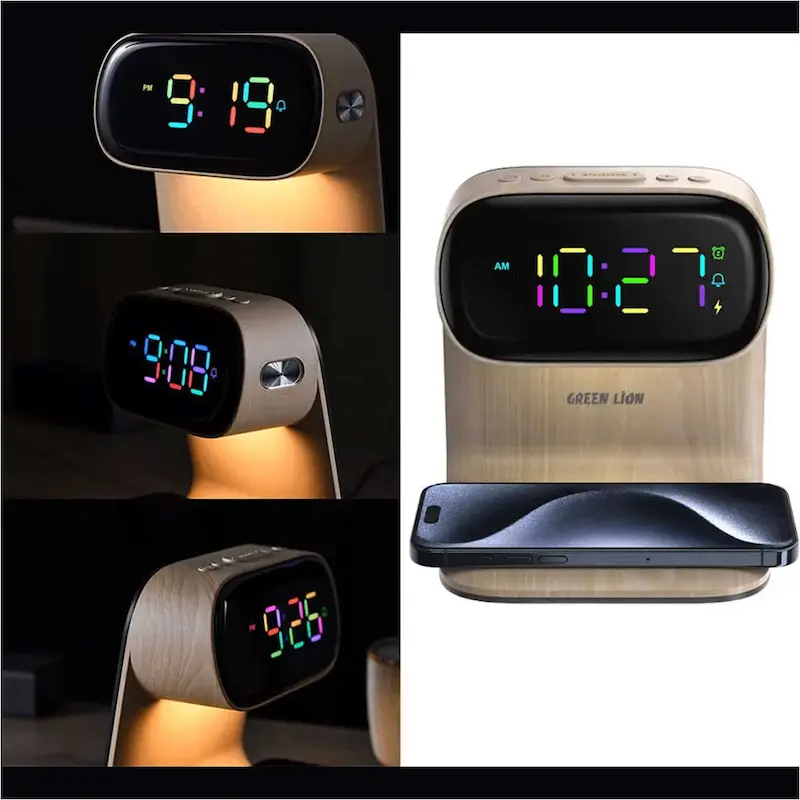 ساعت رومیزی گرین لاین با شارژر بی‌سیم | Bedside Clock Green Lion