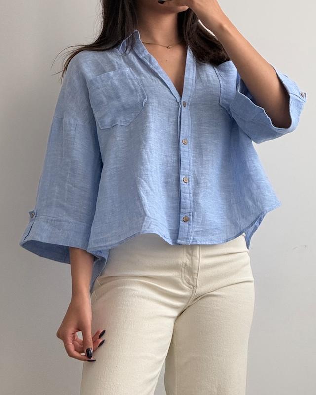 شومیز لینن آبی آسمانی Pull&Bear