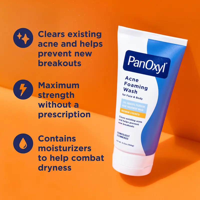 شوینده فومی ضدجوش PanOxyl با ۱۰٪ بنزوئیل پراکسید، مناسب صورت و بدن، وزن ۱۵۶ گرم