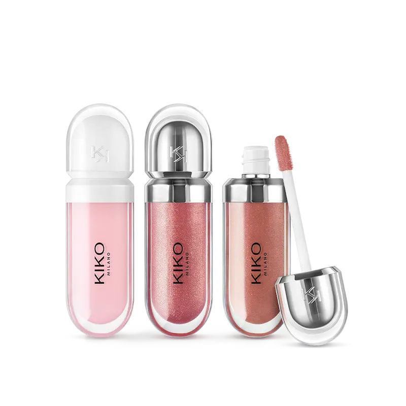 پک سه‌تایی برق لب KIKO Milano Glossy Lip Set شامل دو برق لب 3D Hydra و یک حجم‌دهنده لب