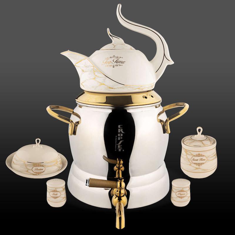 کتری و قوری آرمیتا استیل نقره ای و طلایی براق کروپ ست با سرویس صبحانه خوری کد 6602