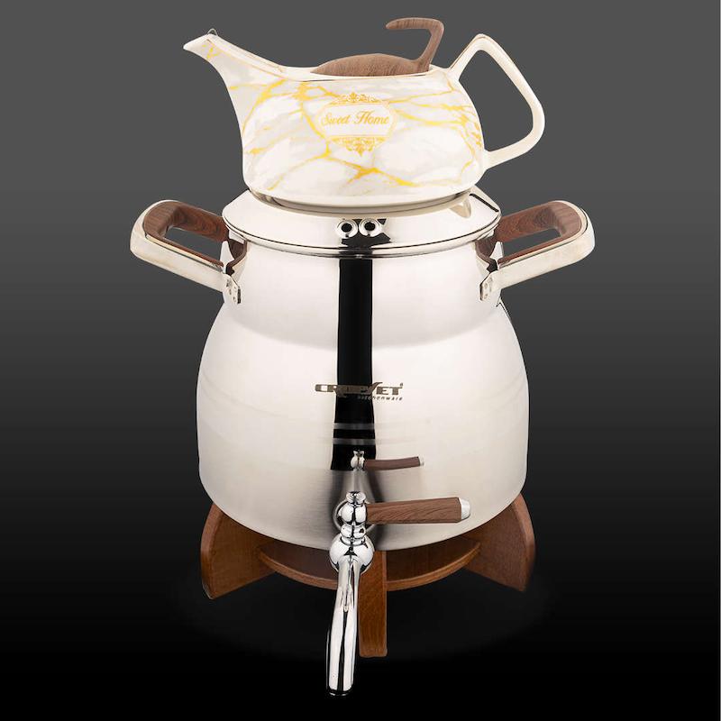 کتری و قوری آوینا استیل نقره ای براق کروپ ست با پایه وارمر چوبی کد 203