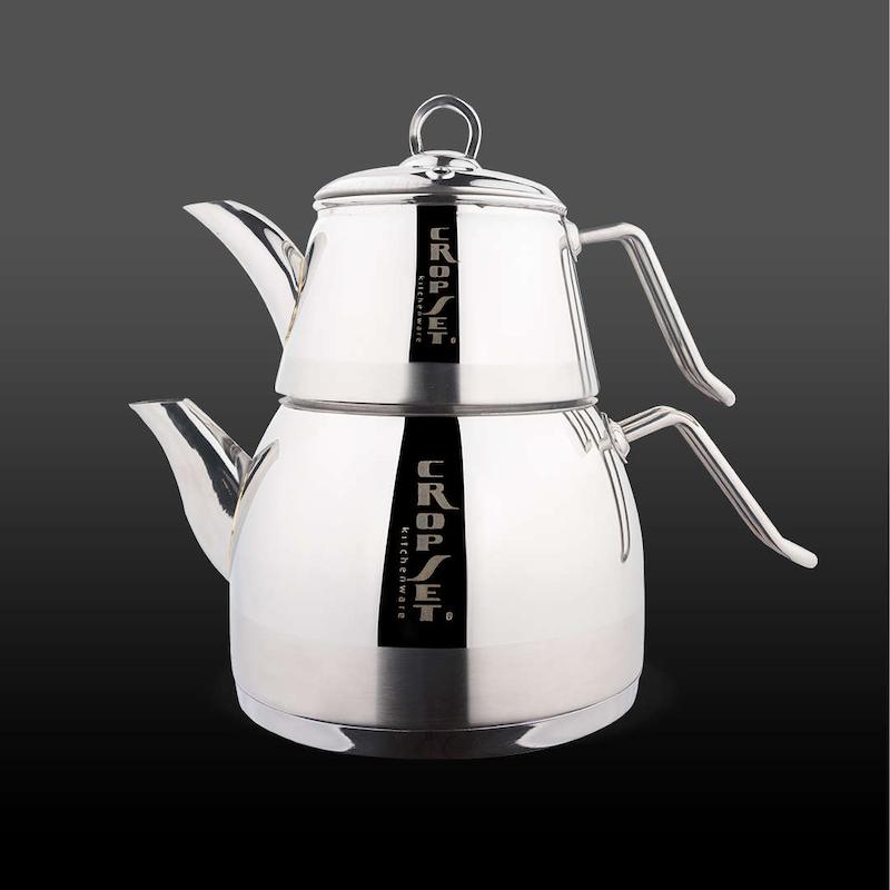 کتری و قوری اریک لوله دار استیل نقره ای براق کروپ ست کد 2405