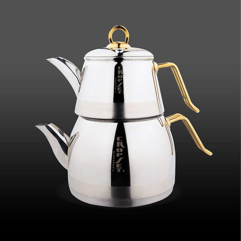 کتری و قوری اریک لوله دار استیل نقره ای و طلایی براق کروپ ست کد 2406