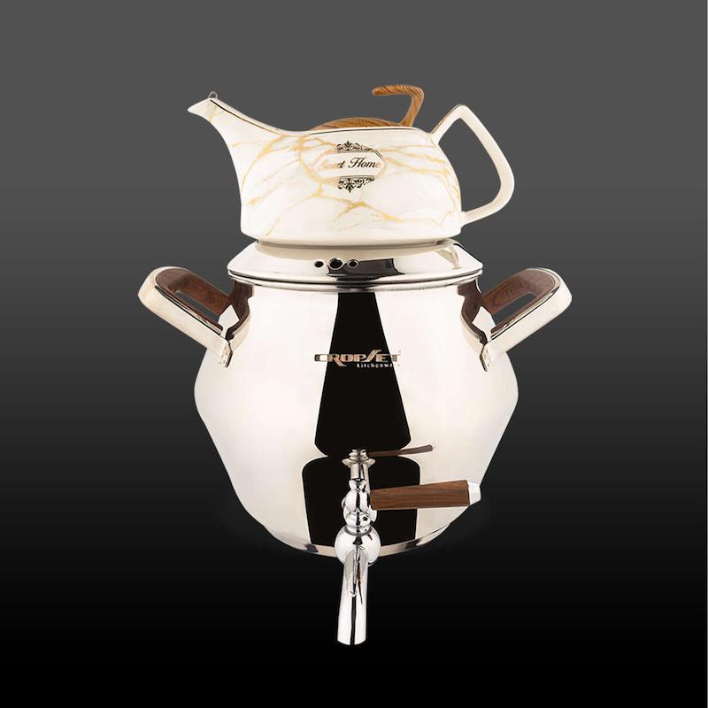 کتری و قوری الماس استیل نقره ای براق کروپ ست کد 6052