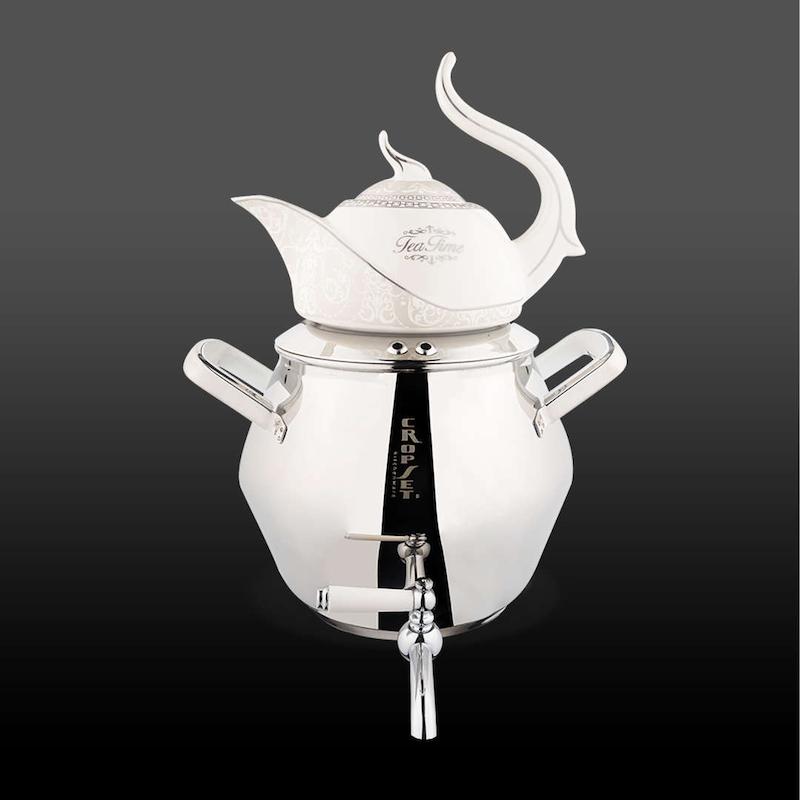 کتری و قوری الماس استیل نقره ای براق کروپ ست کد 6052