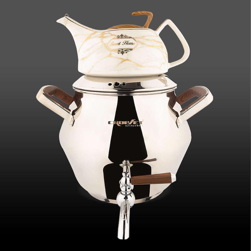 کتری و قوری الماس استیل نقره ای براق کروپ ست کد 7052